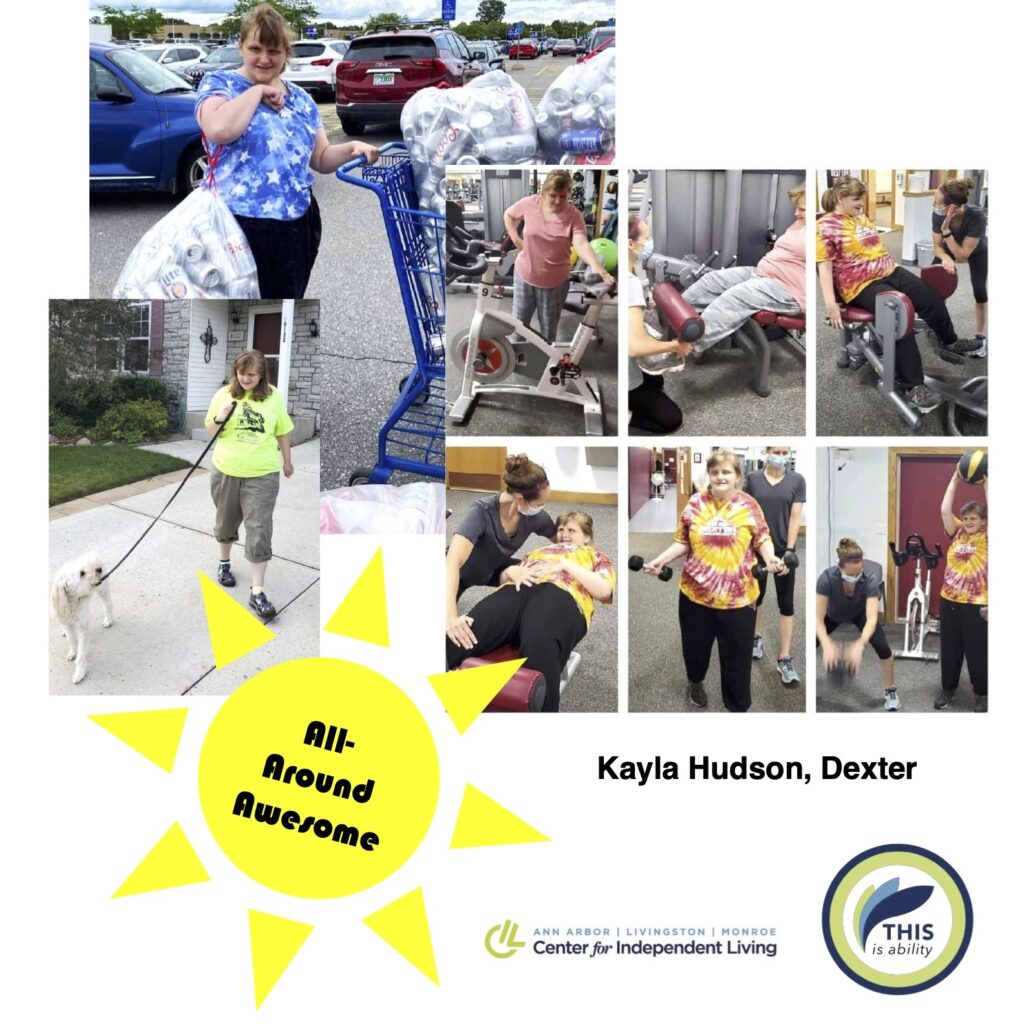 Kayla Hudson, dexter, carrying bags of cans in a parking lot, doing exercises at physical therapy, and walking her dog in front of her house