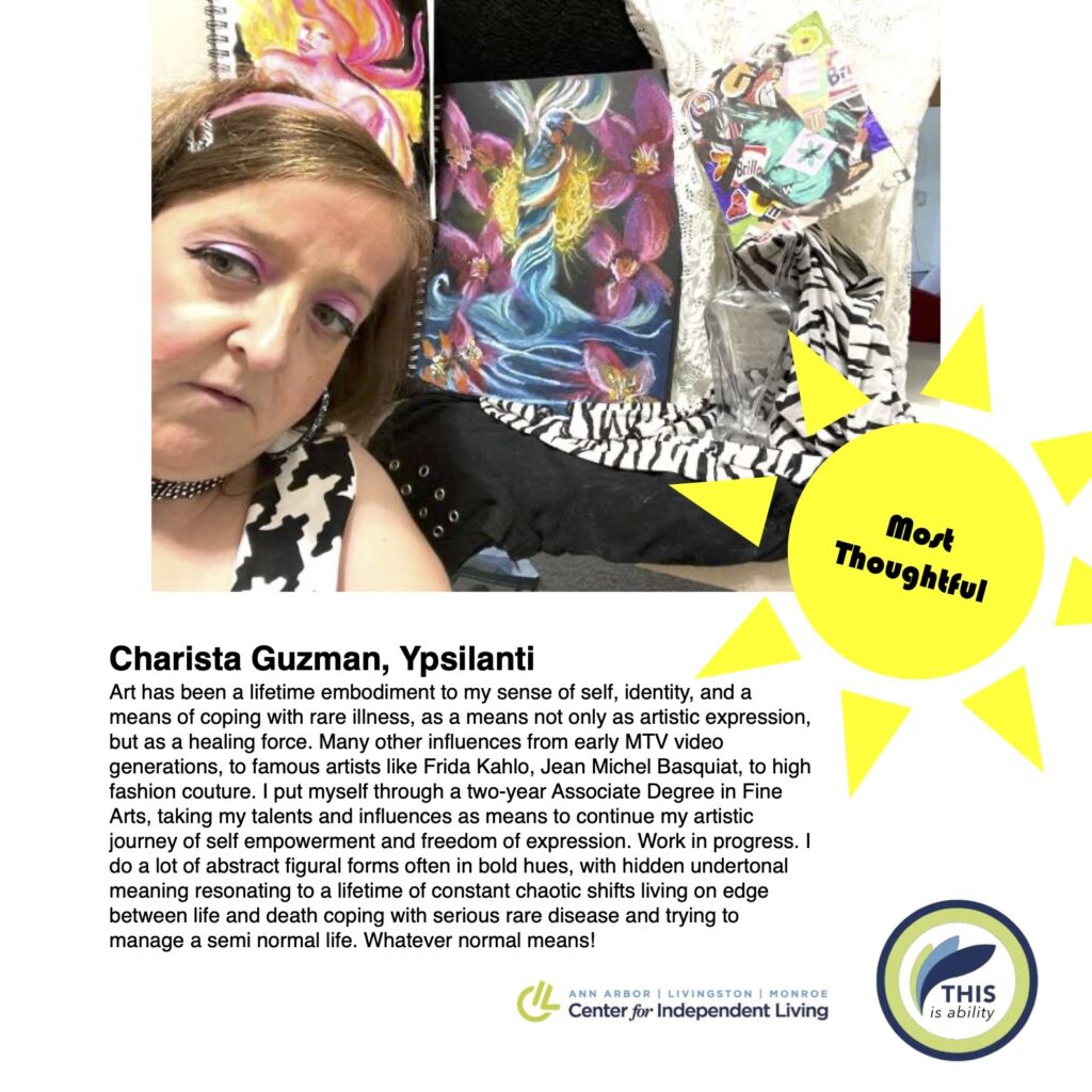 Charista Guzman, Ypsilanti, sharing her artwork and story of pursuing art balancing serious rare disease