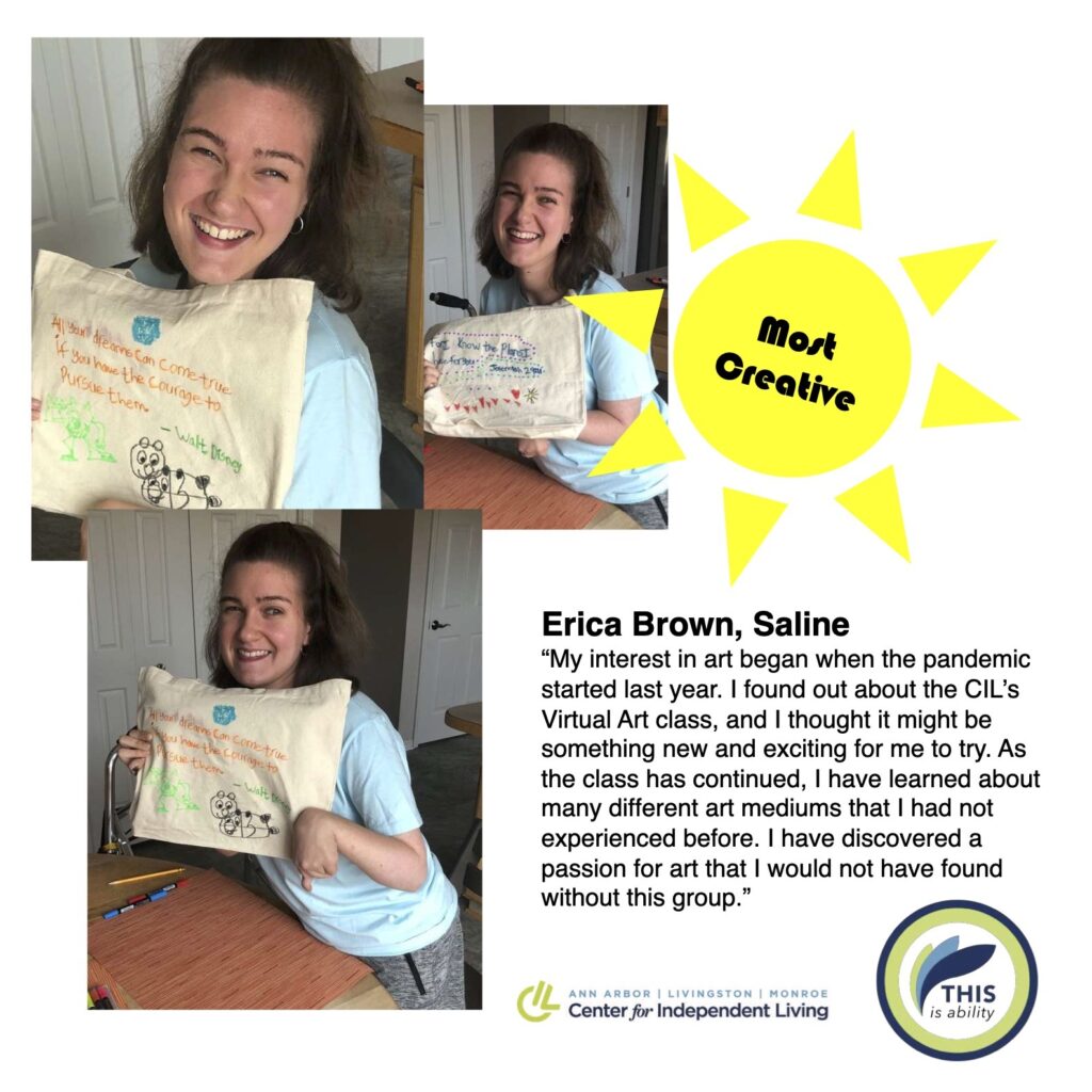 Erica brown, saline, holding up fabric painting art and describing how she enjoys art and participating in the online art program since the start of the pandemic