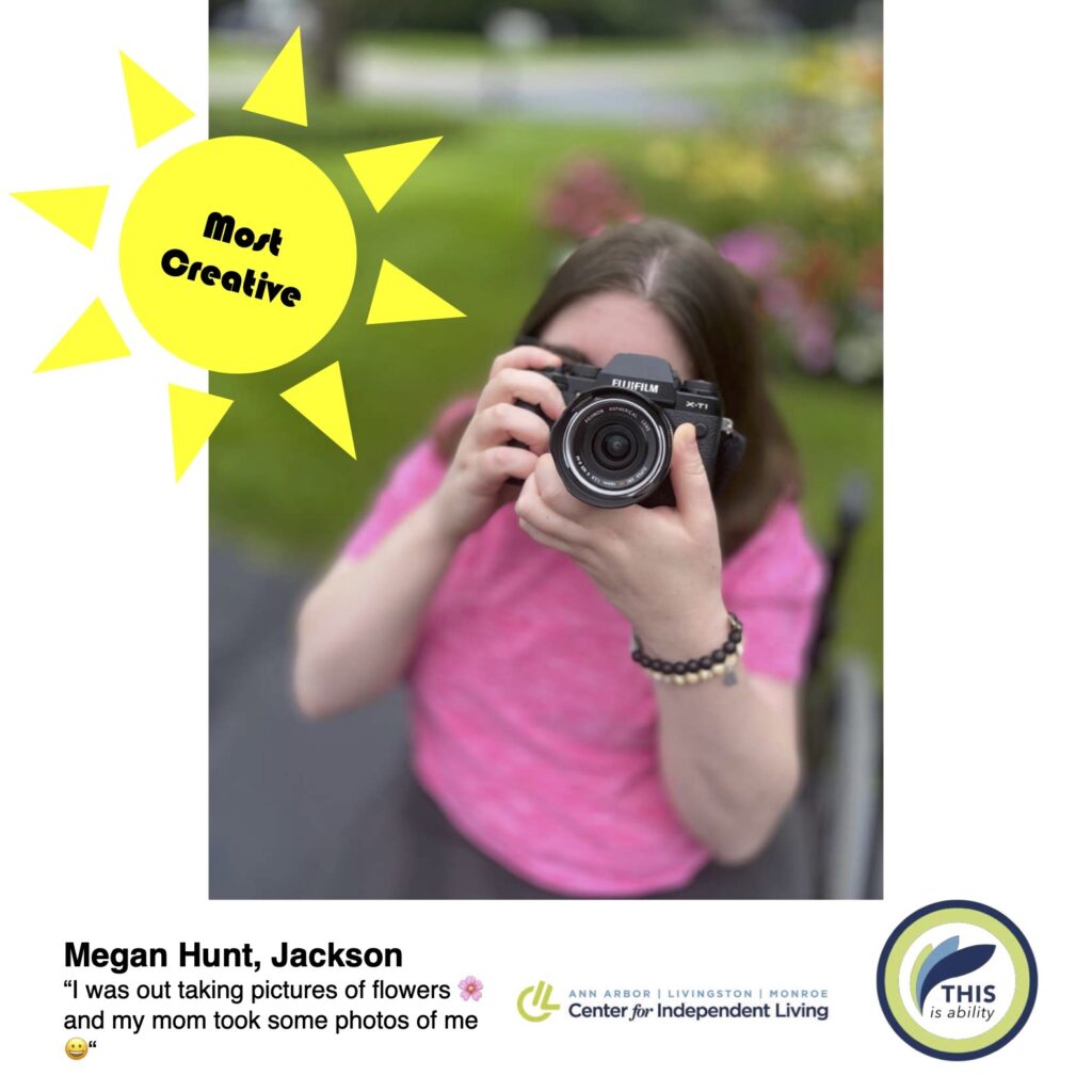 Megan hunt, Jackson, holding a camera in her garden