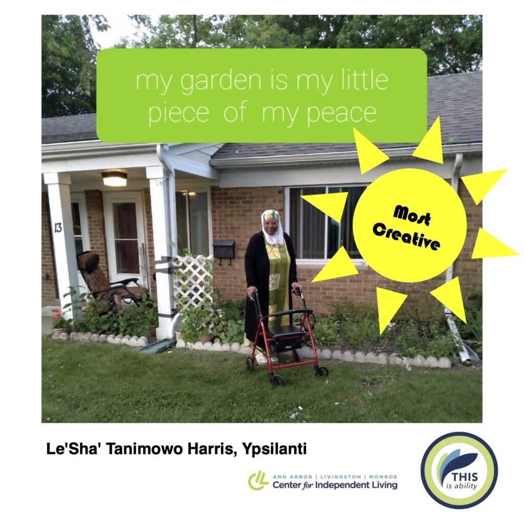 le-sha tanimowo harris, Ypsilanti, in front of her house and garden, my garden is a piece of my peace