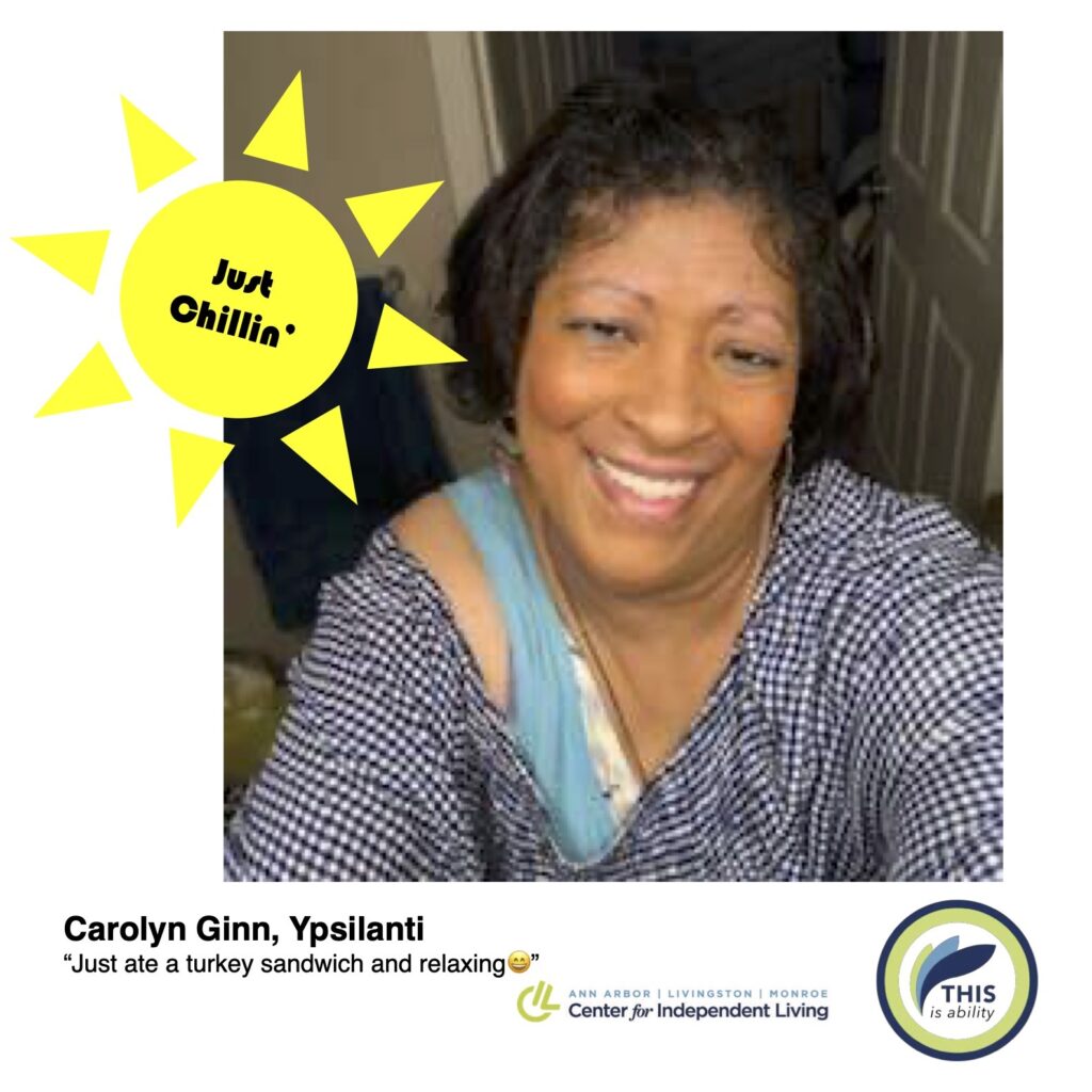 Carolyn inn, Ypsilanti, just ate a turkey sandwich and relaxing selfie pic