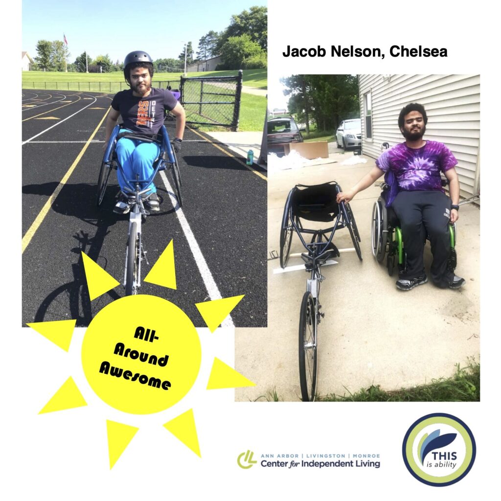 Jacob Nelson, Chelsea, riding an adaptive bicycle for people with disabilities
