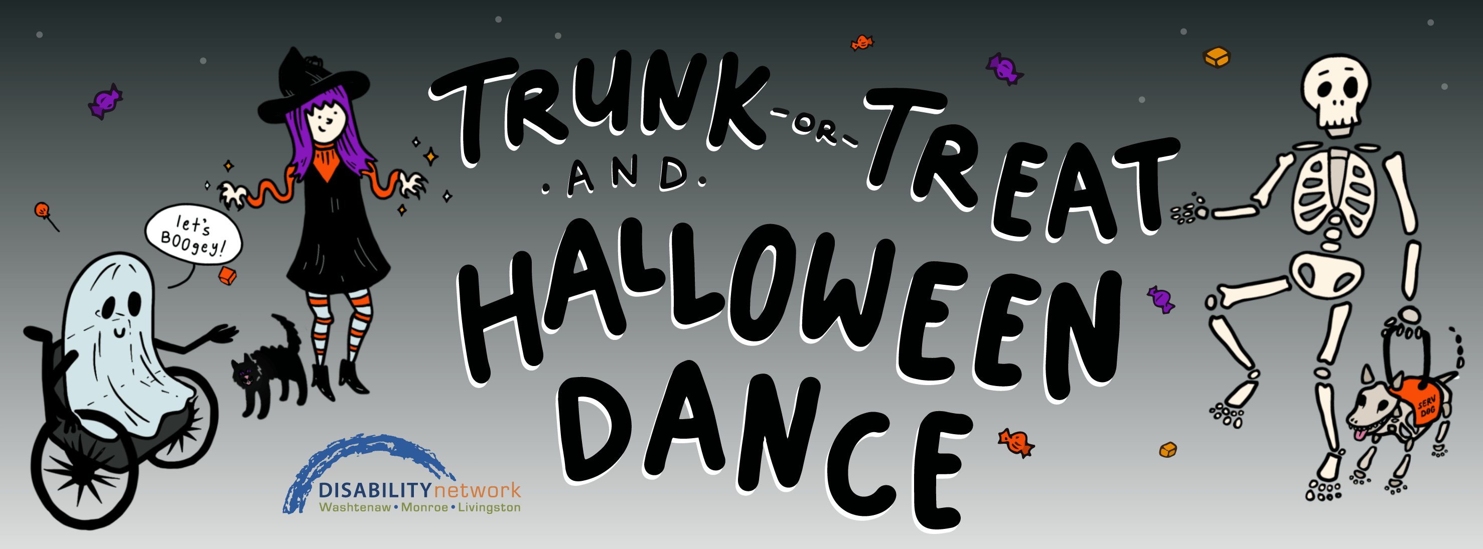 Halloween Dance graphic. Text reading "Trunk-or-Treat and Halloween Dance" in black. On the left, a ghost in a wheelchair says, "Let's BOOgey!" next to a witch in a black dress and orange and purple shirt. On the right, a skeleton with a skeleton service dog in an orange vest.