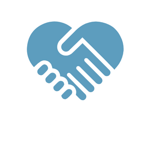 Two hands clasped in a handshake. Their shape makes a heart. White outline, light blue interior fill. The number 9989 underneath it.