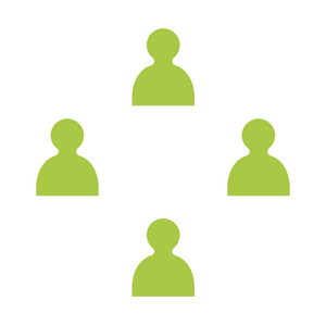 Four simplified people heads and shoulders with a circle connecting them. White outline with lime green interior. The number "1462" inside the circle.